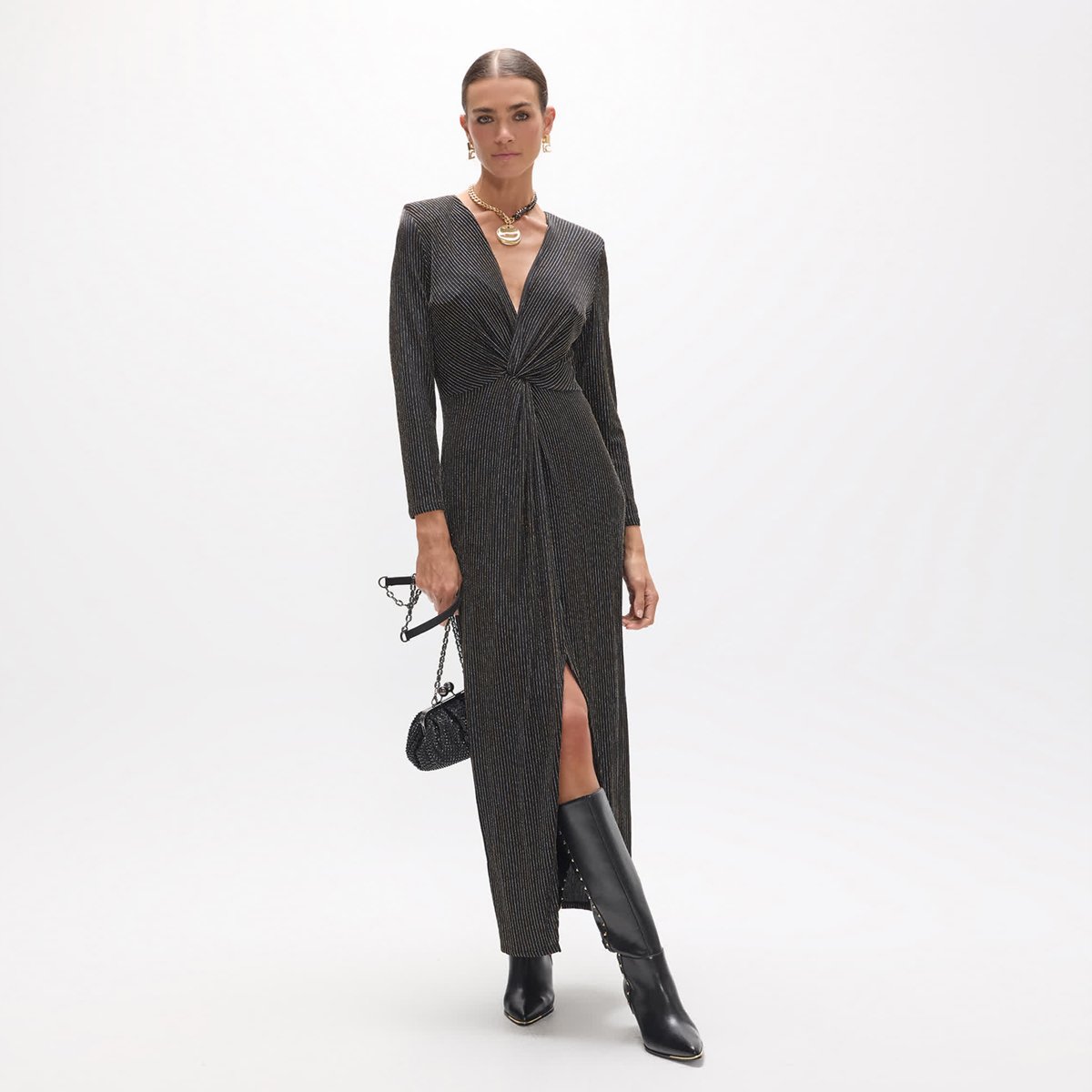 Robe longue col en V nÅ“ud central à fente latérales noir, LOLA CASADEMUNT