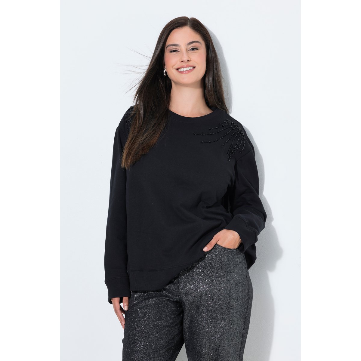 Sweat-shirt avec perles brodées fantaisie noir, ULLA POPKEN