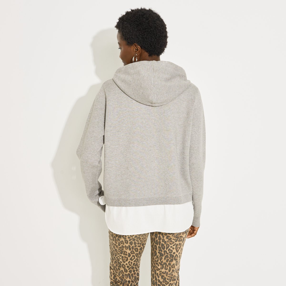 Pull bi matière à capuche gris, GRAIN DE MALICE