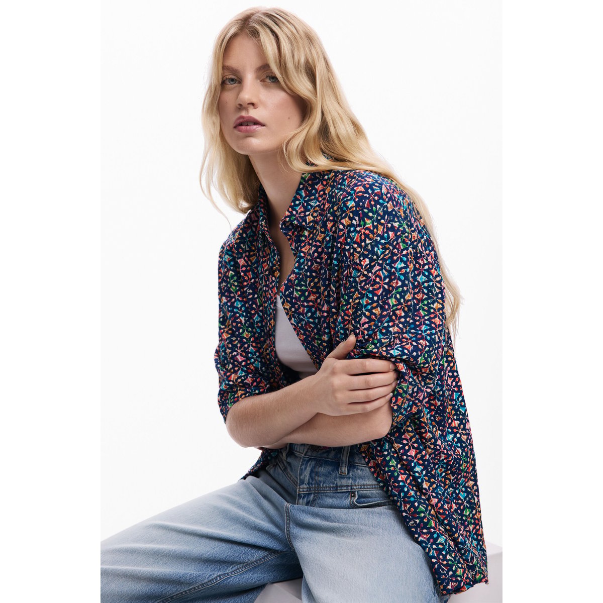 Chemise à manches courtes avec broderies ethniques bleu, DESIGUAL