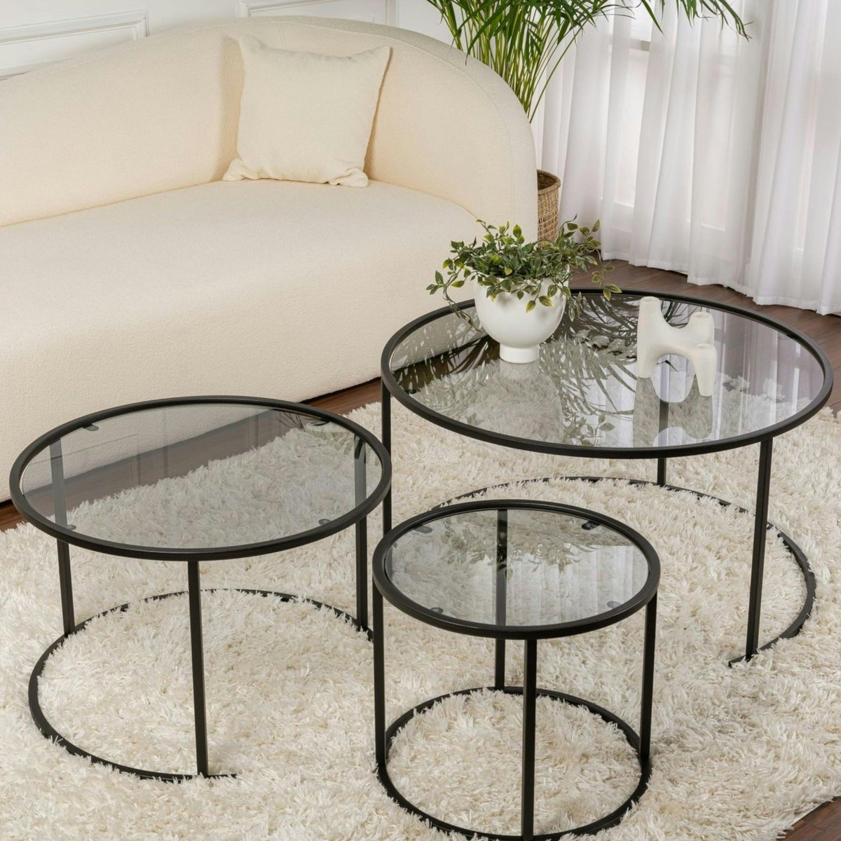 Table gigogne verre fumé - cadre noir (lot de 3) ⌀80 cm TULUM noir, PIER IMPORT