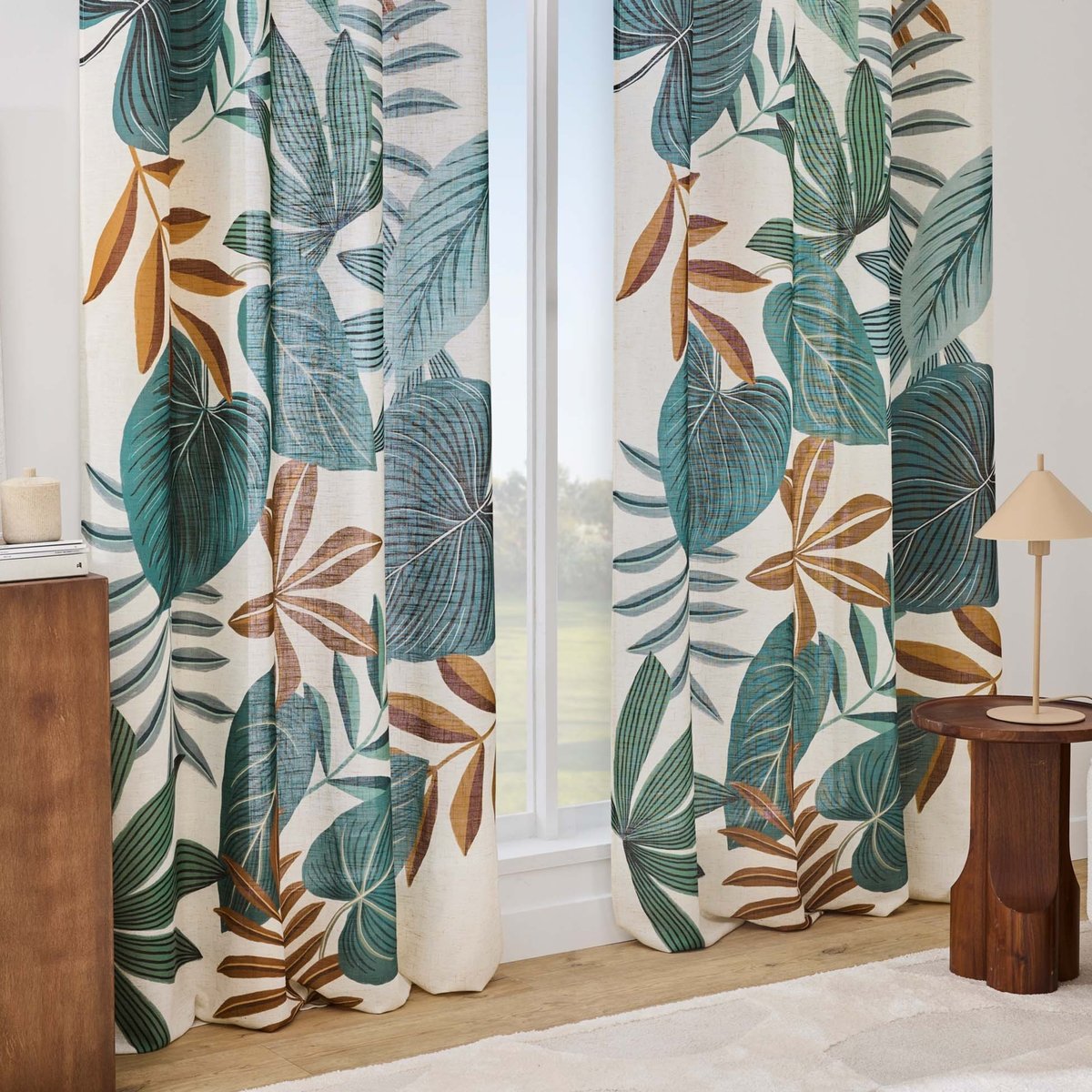 Rideau tamisant à œillets en poly-lin imprimé à motif tropical vert, DOUCEUR D'INTÉRIEUR