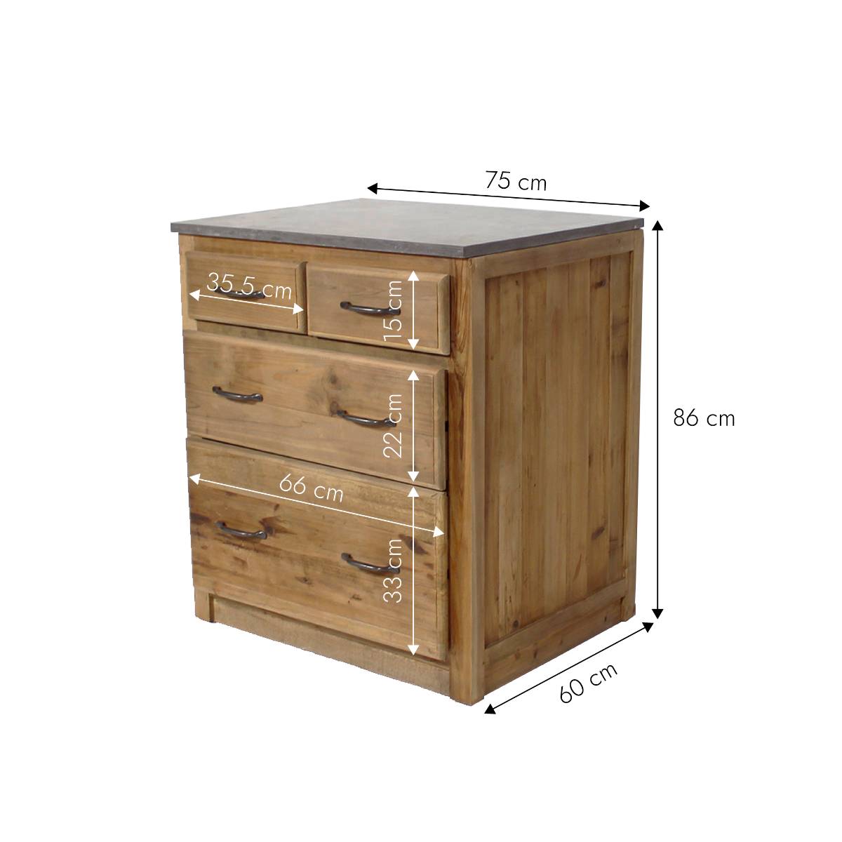 Meuble bas de cuisine en bois recyclé et pierre bleue CHAMPÊTRE bois clair, MADE IN MEUBLES