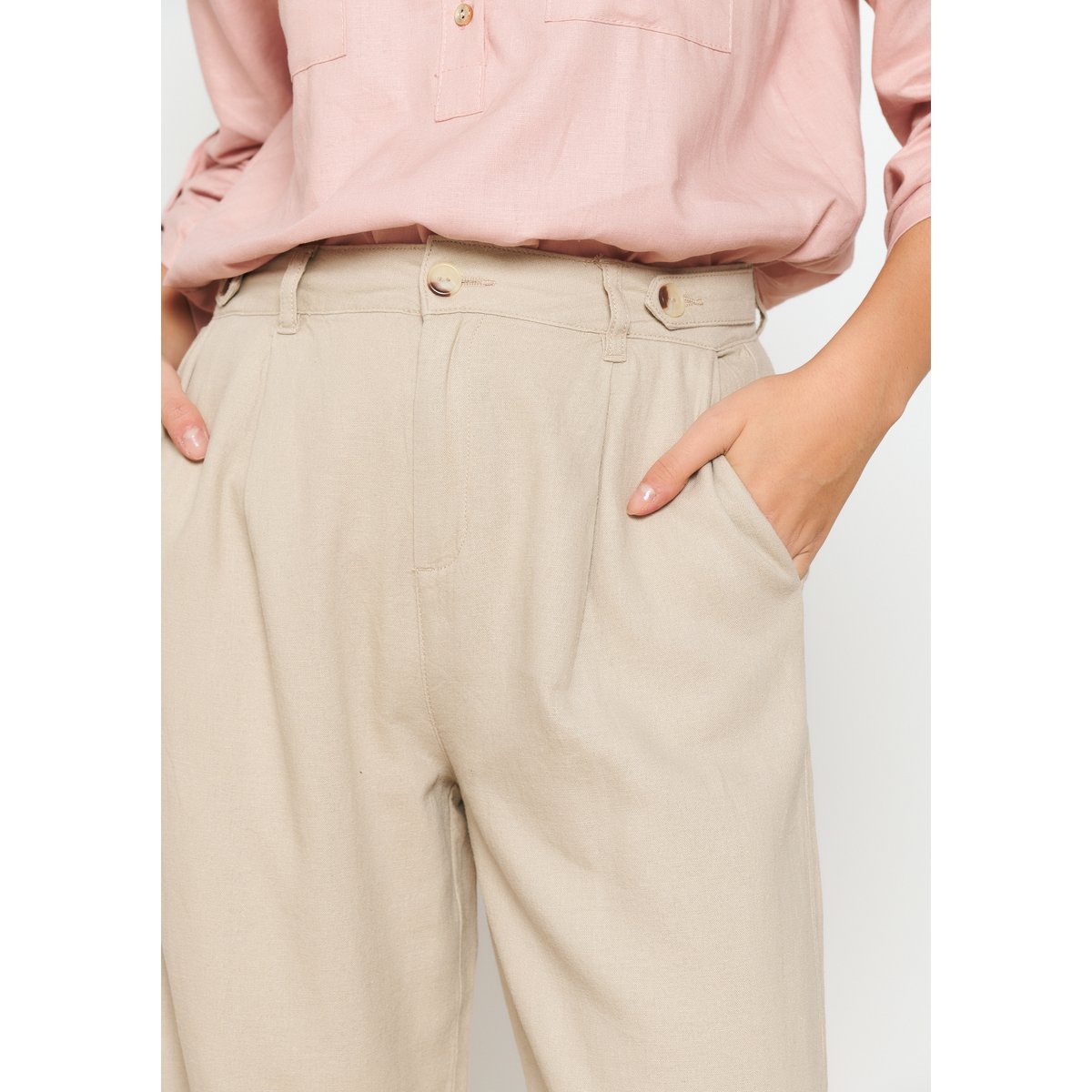 Pantalon de tailleur en lin taupe, LOLALIZA