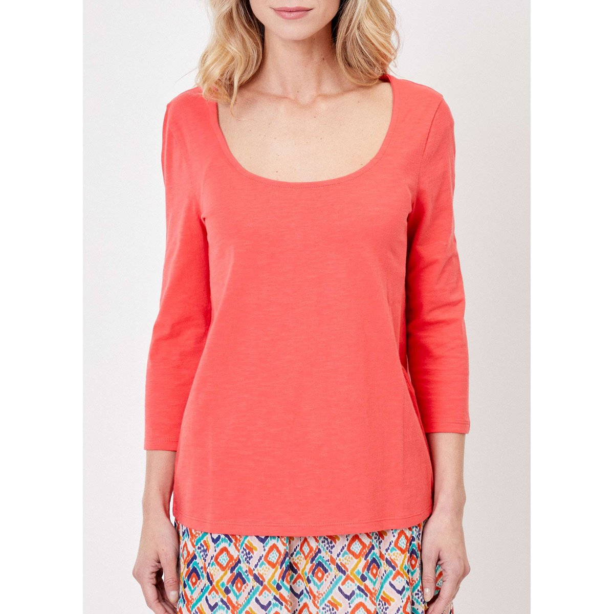 T-shirt uni coton flammé bio uni manches 3/4 BIANCA rouge grenadine, LA FIANCÉE