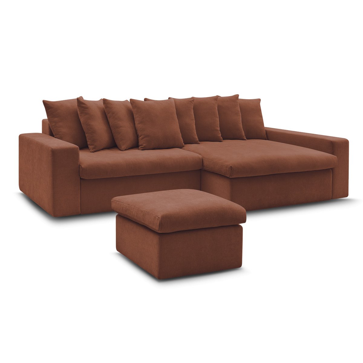 Canapé d'angle fixe 3 places en tissu lisse avec pouf, ENORE rouge, BOBOCHIC