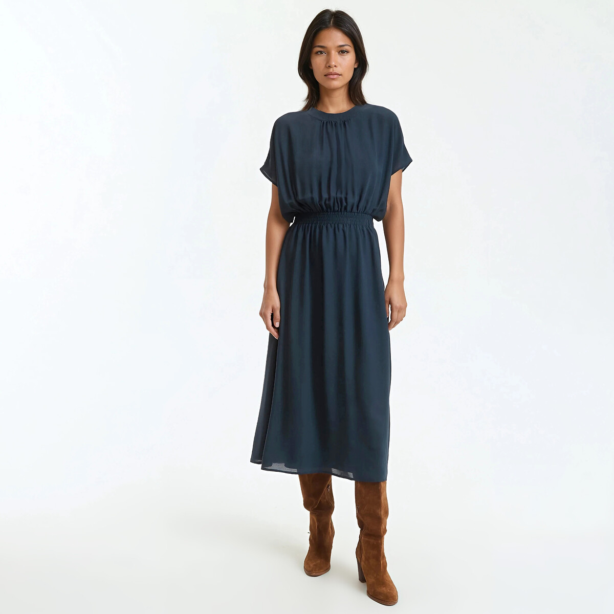 Robe longue évasée, taille élastiquée smockée bleu marine, LA REDOUTE COLLECTIONS