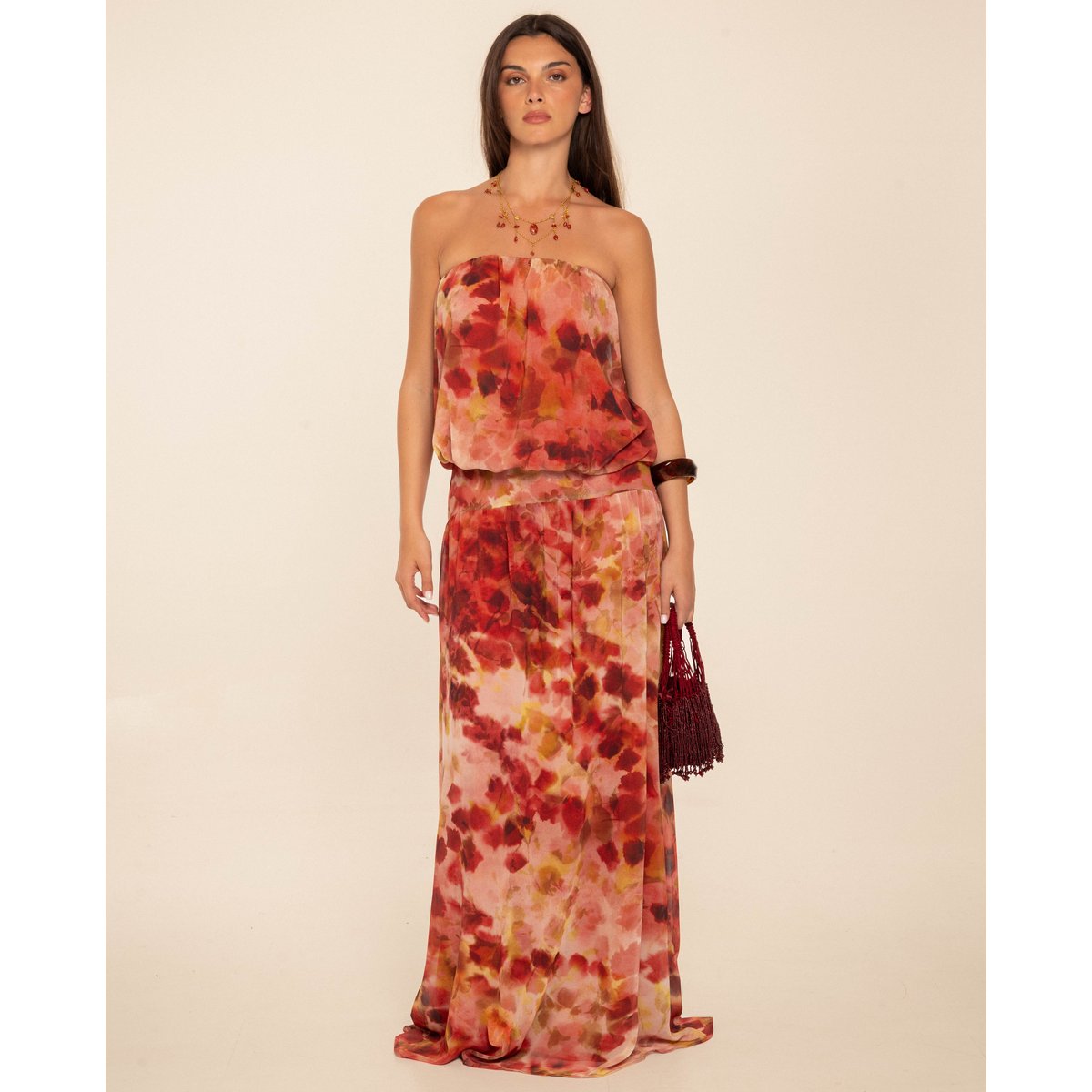 Robe maxi bustier à imprimé aquarelle et empiècement large multicolore, THE-ARE