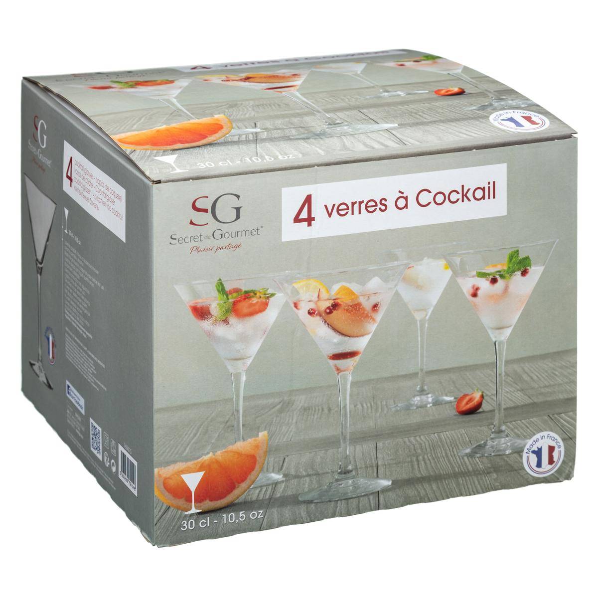 Lot de 4 verres à cocktail en verre 30 cl COCKTAIL transparent, SECRET DE GOURMET