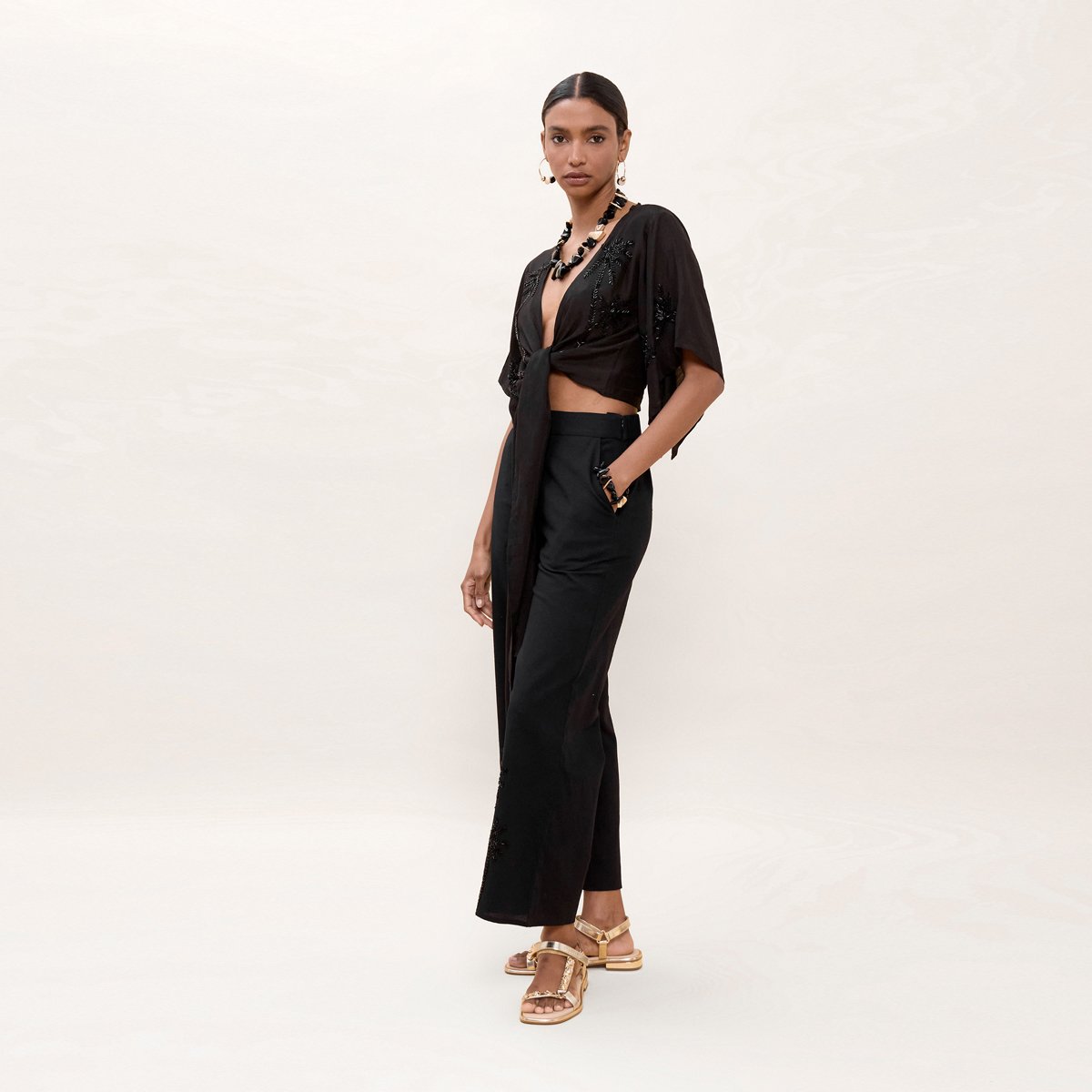 Pantalon fluide brodé taille élastiquée noir, LOLA CASADEMUNT