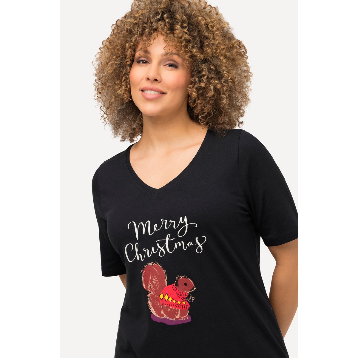 T-shirt de Noël à manches courtes et col V noir, ULLA POPKEN