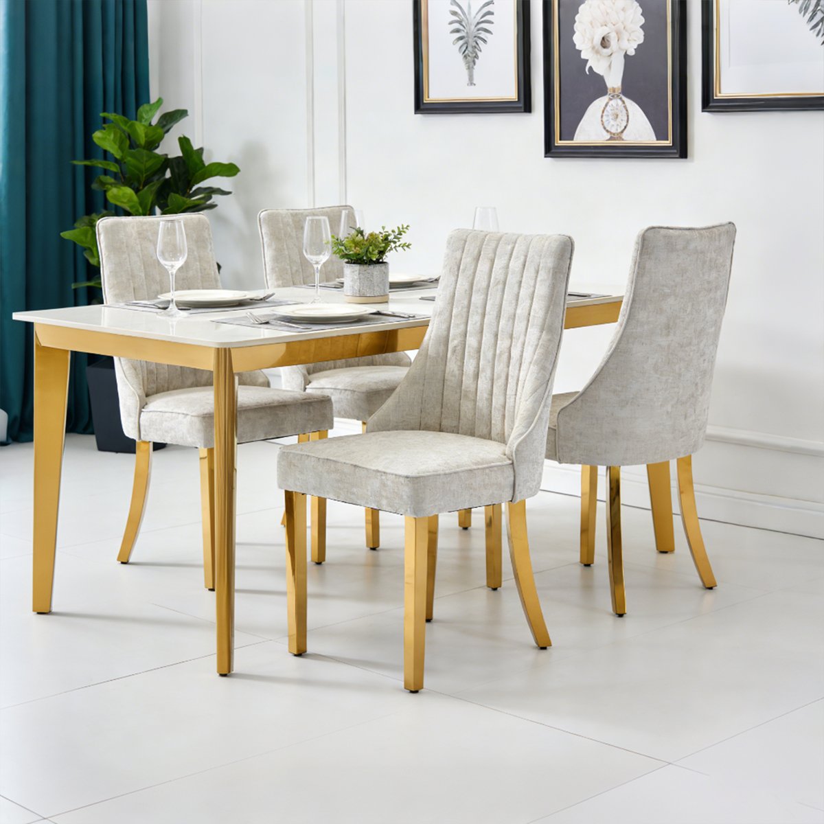 Lot de 4 chaises en tissu chenille avec pieds métal doré, GERRYC beige, MEUBLES COSY