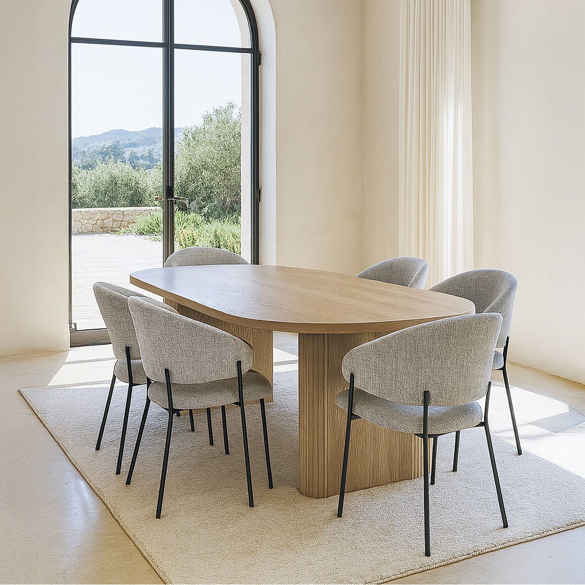 Ensemble table ovale et 6 fauteuils en tissu couleur unique, NOW'S HOME
