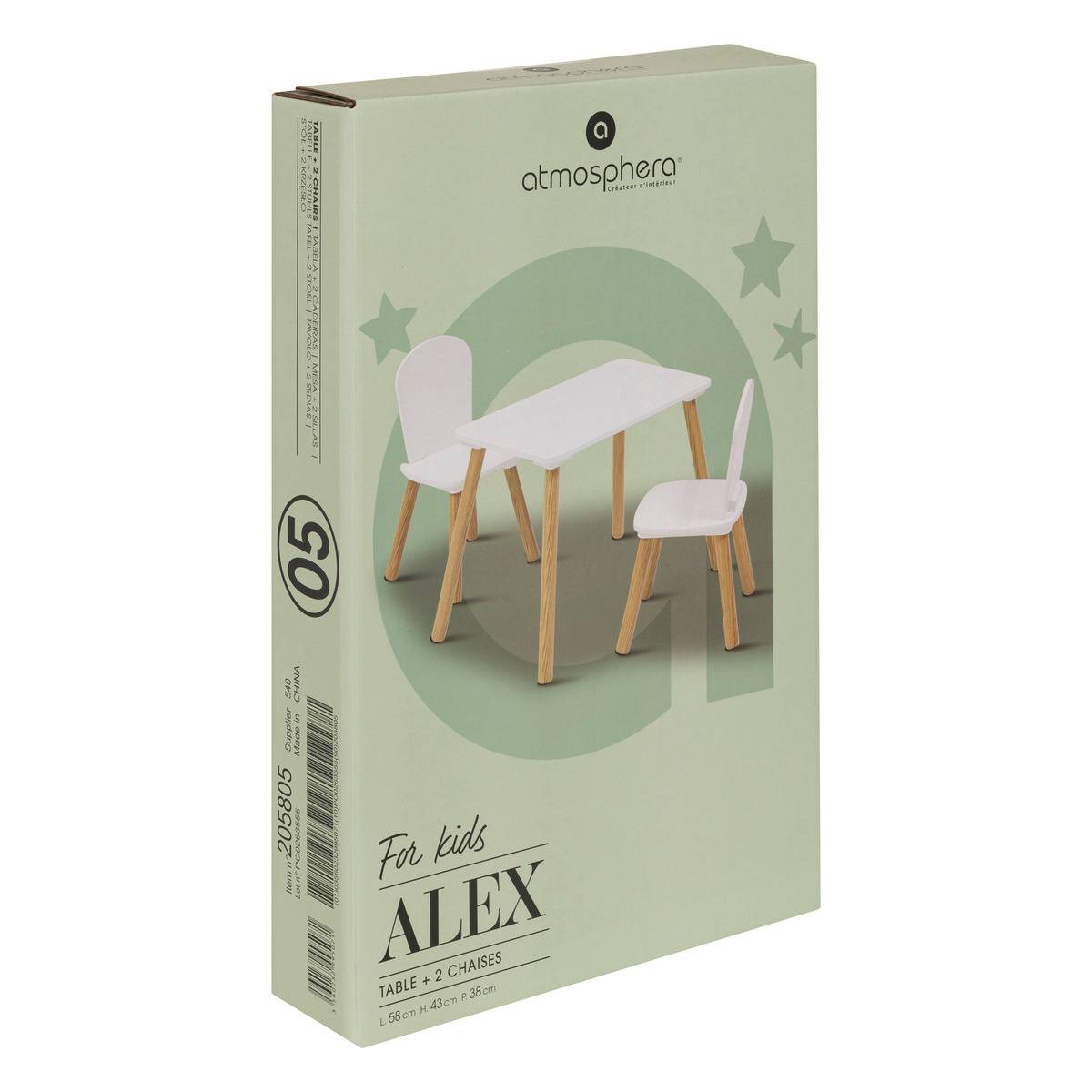 Ensemble table et 2 chaises enfant en bois de pin ALEX blanc, ATMOSPHERA FOR KIDS