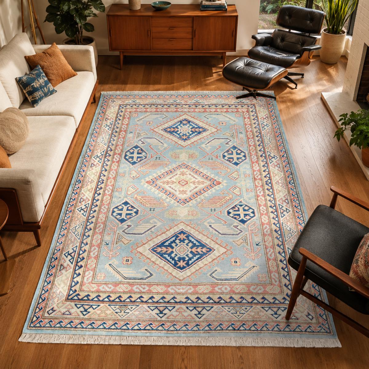 Tapis salon géométrique, noué main en laine, KAZAK CO 68 bleu, beige, rose, UN AMOUR DE TAPIS