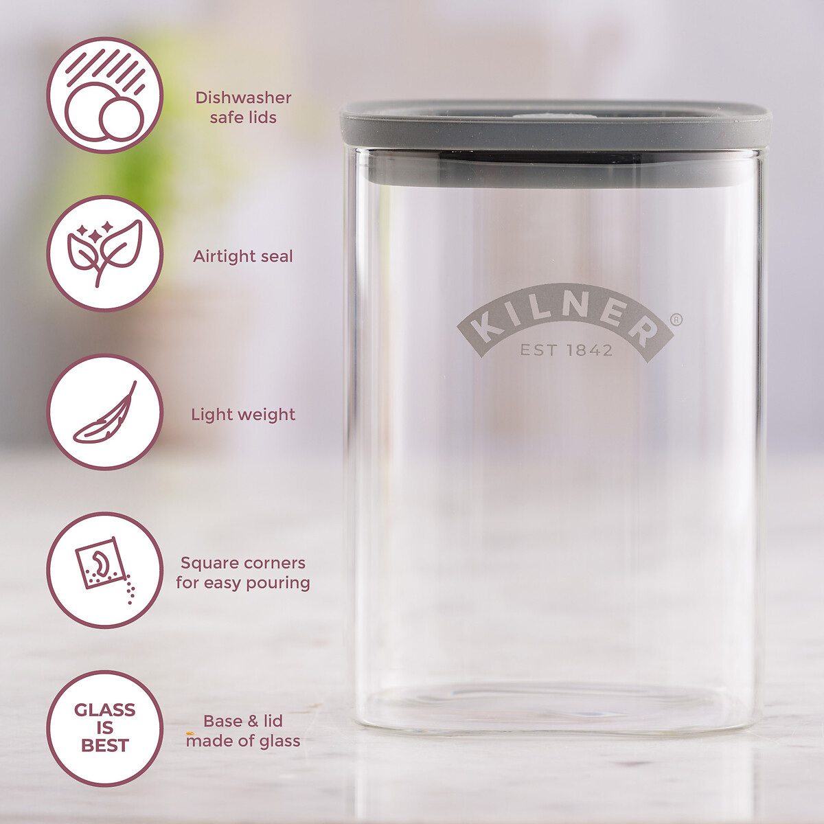 Set of 2 Fresh Storage 1L Square Jars transparent, KILNER