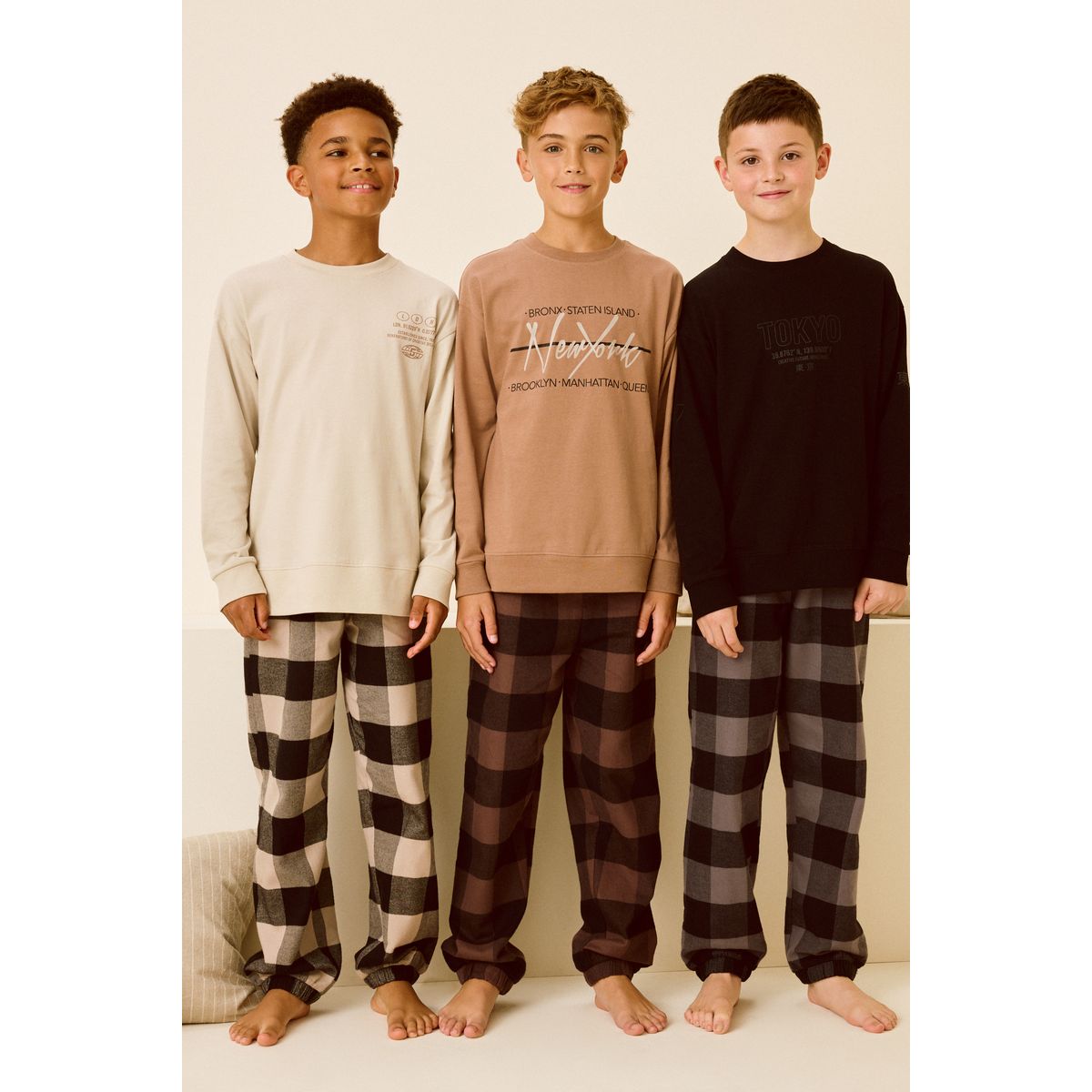 Pyjama tissé à carreaux, lot de 3 naturel/noir, NEXT