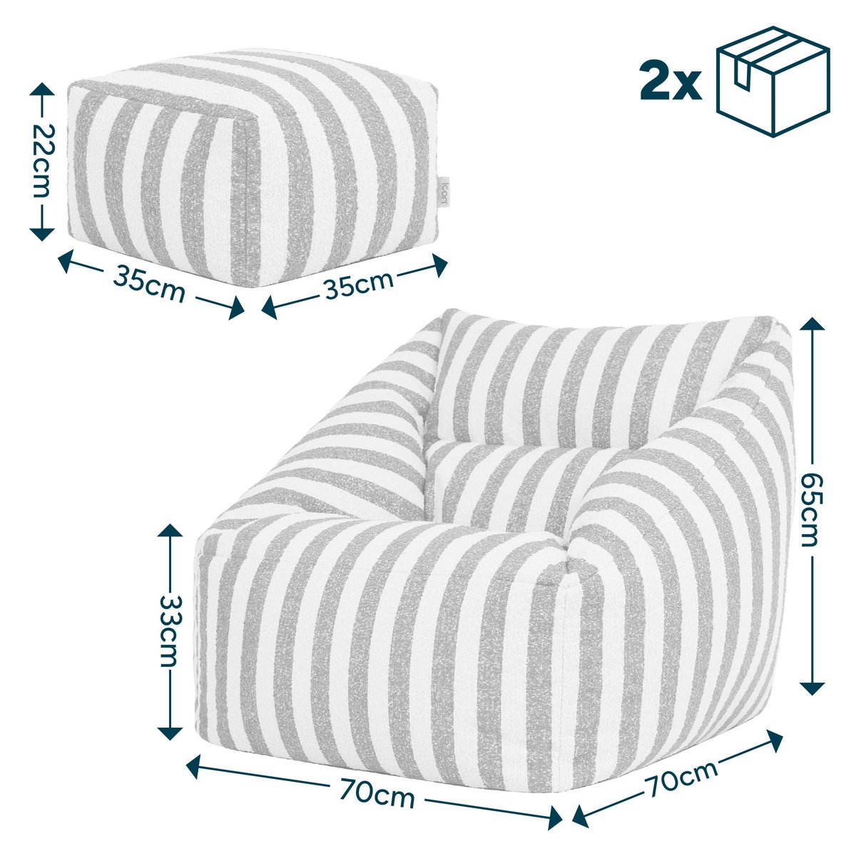 Pouf fauteuil et son repose-pied carré en bouclette rayée Oeko-Tex® - NATALIA vert olive, ICON