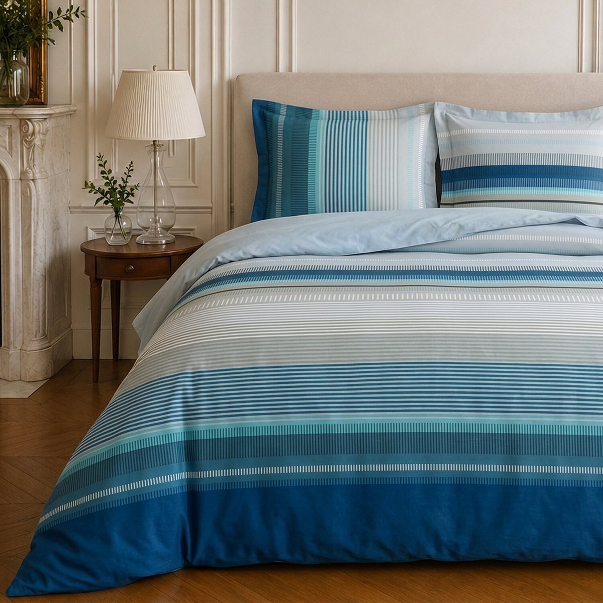 Parure de lit en microfibre rayures, BINGO bleu, C DESIGN HOME TEXTILE