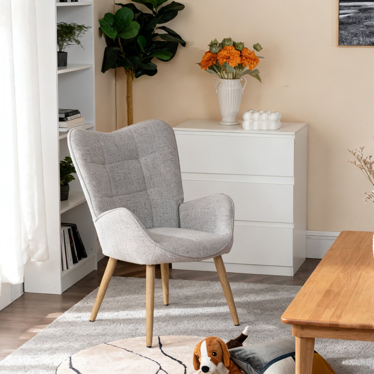 Fauteuil confortable bas style scandinave dossier moyen assise confortable pieds métal effet bois, KANAS gris clair, MEUBLES COSY