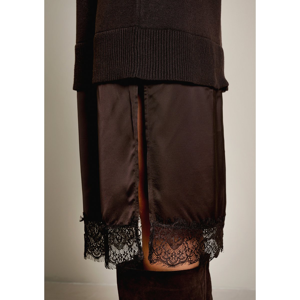 Robe midi bi-matière brun fonce chocolate, LOLALIZA