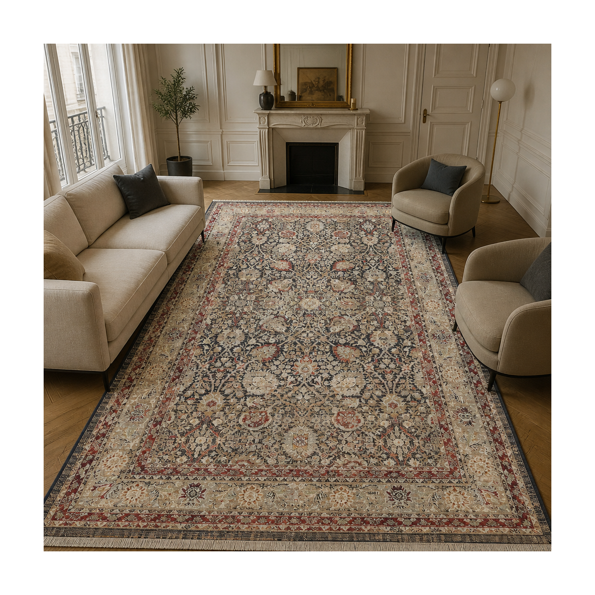 Tapis d'orient, motif oriental authentique tissé, LYN52 TABRIZA bleu, beige, rouge, UN AMOUR DE TAPIS