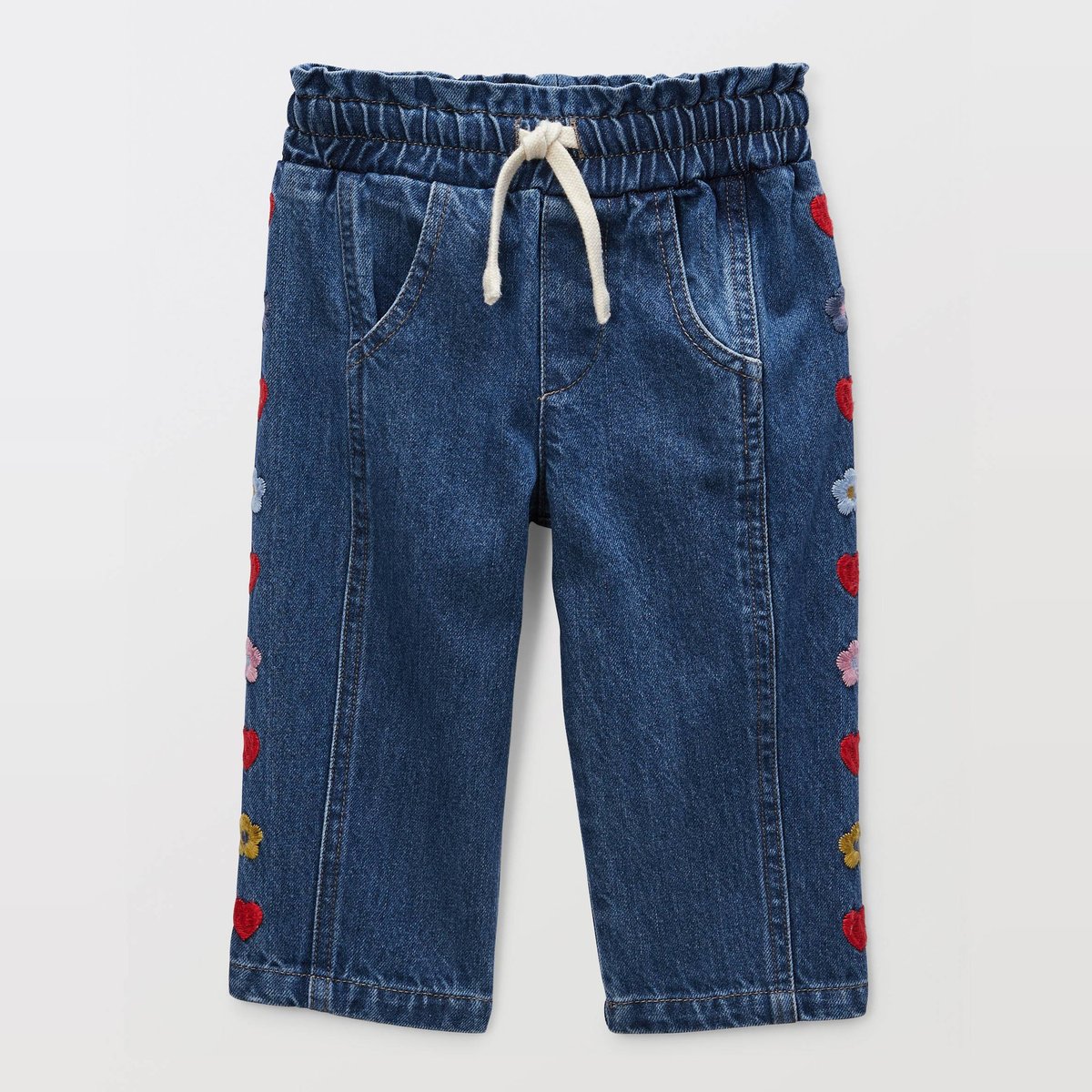 Jean taille élastique brodé en coton denim, BOUT'CHOU