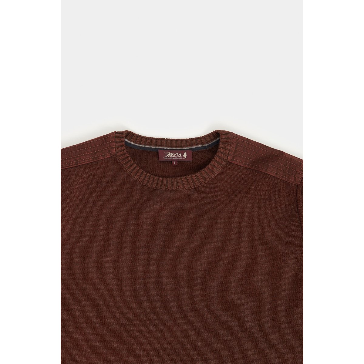 Pull col rond empiècements tissés cognac, MCS