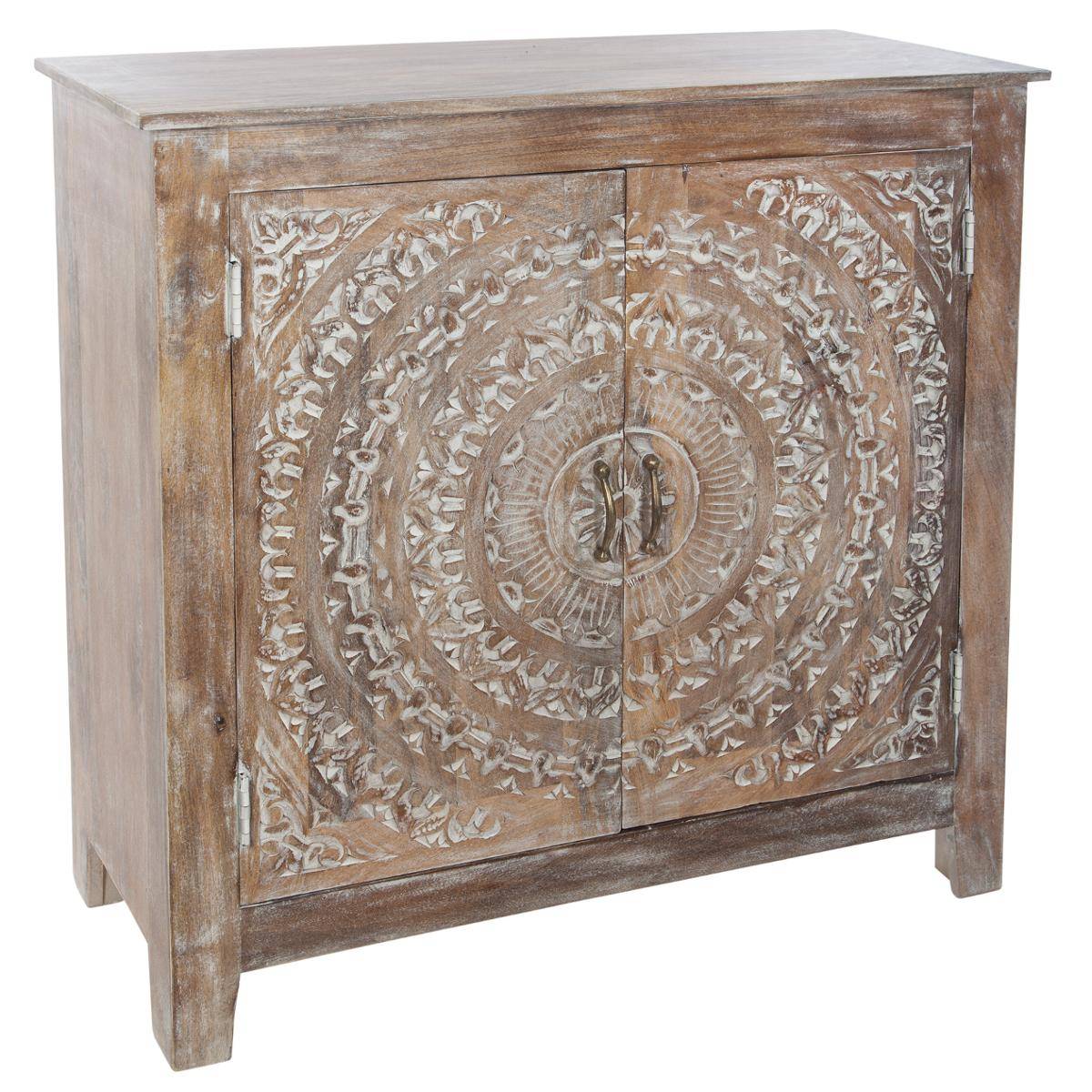 Buffet 2 portes bois de manguier sculpté main SHIREL beige, ATMOSPHERA