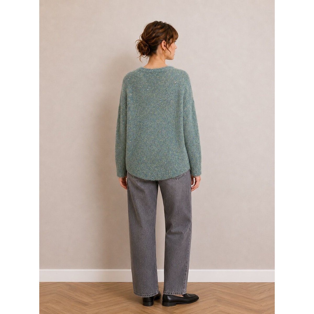 Maglione scollo a V, maniche lunghe turchese, SEE U SOON