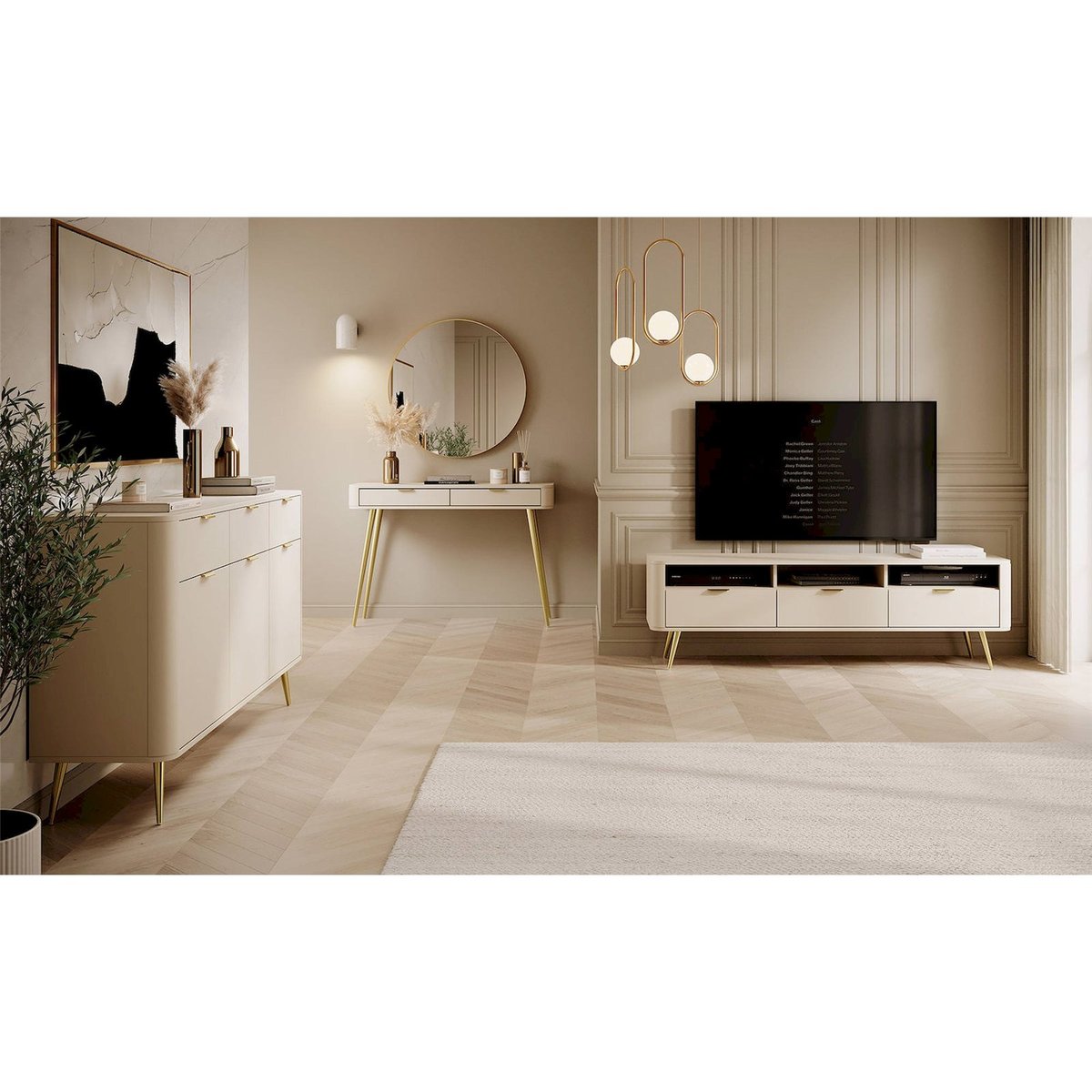Buffet arrondi OVAL 3 portes et tiroirs gris beige, RECOLLECTION