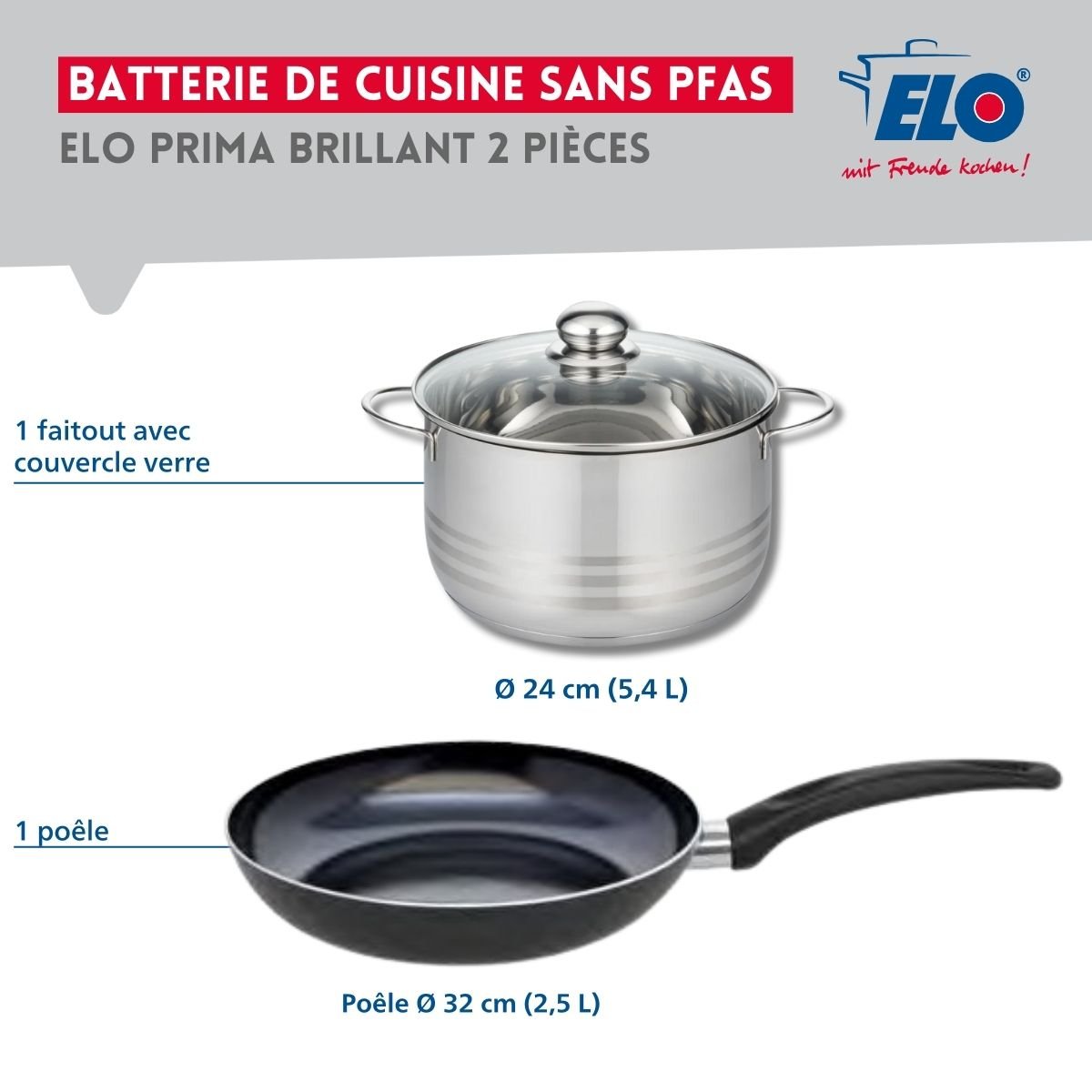 Batterie de cuisine 1 poêle 32cm + 1 faitout 24cm PRIMA BRILLANT noir, ELO