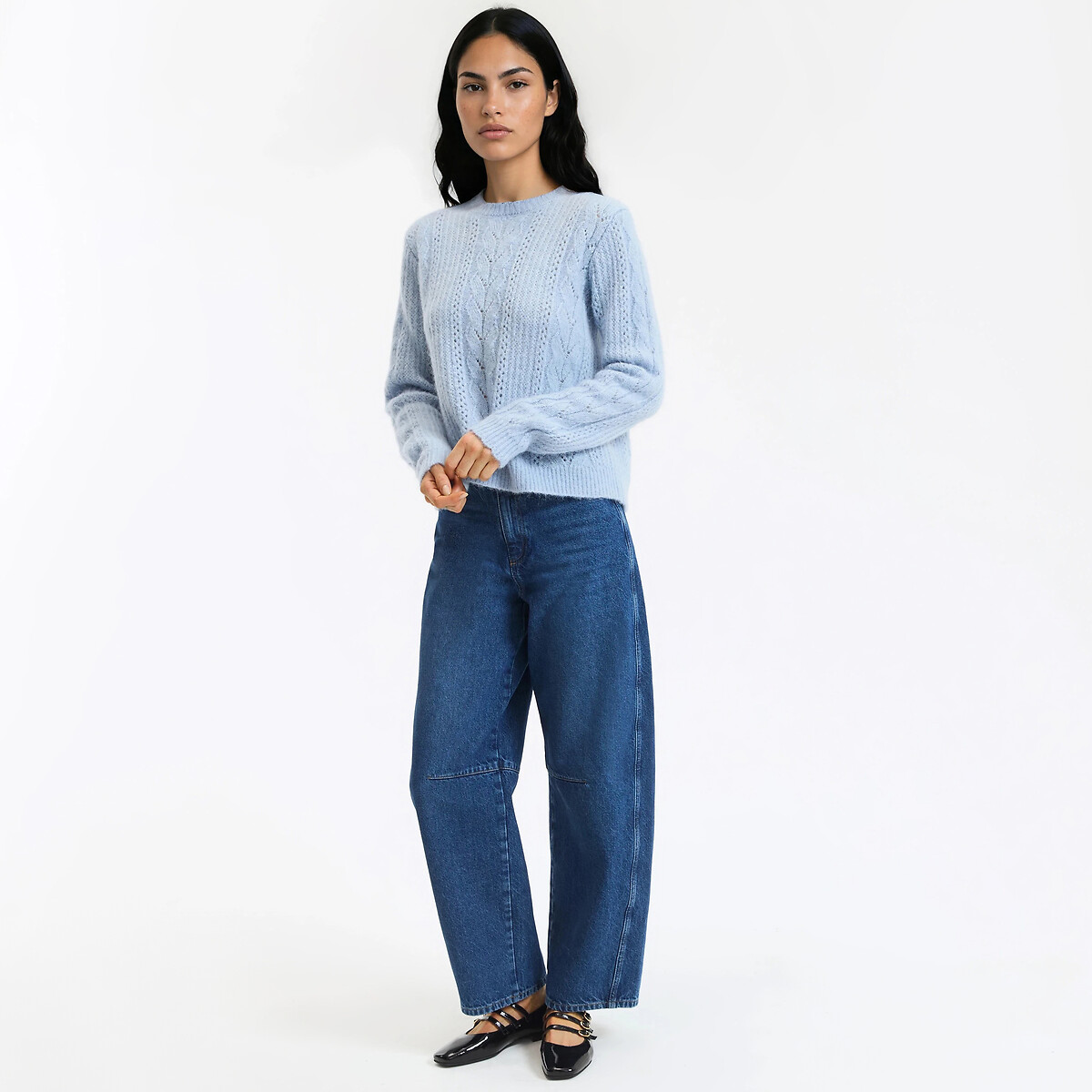 Pull en maille ajourée, laine et alpaga mélangés bleu ciel, LA REDOUTE COLLECTIONS