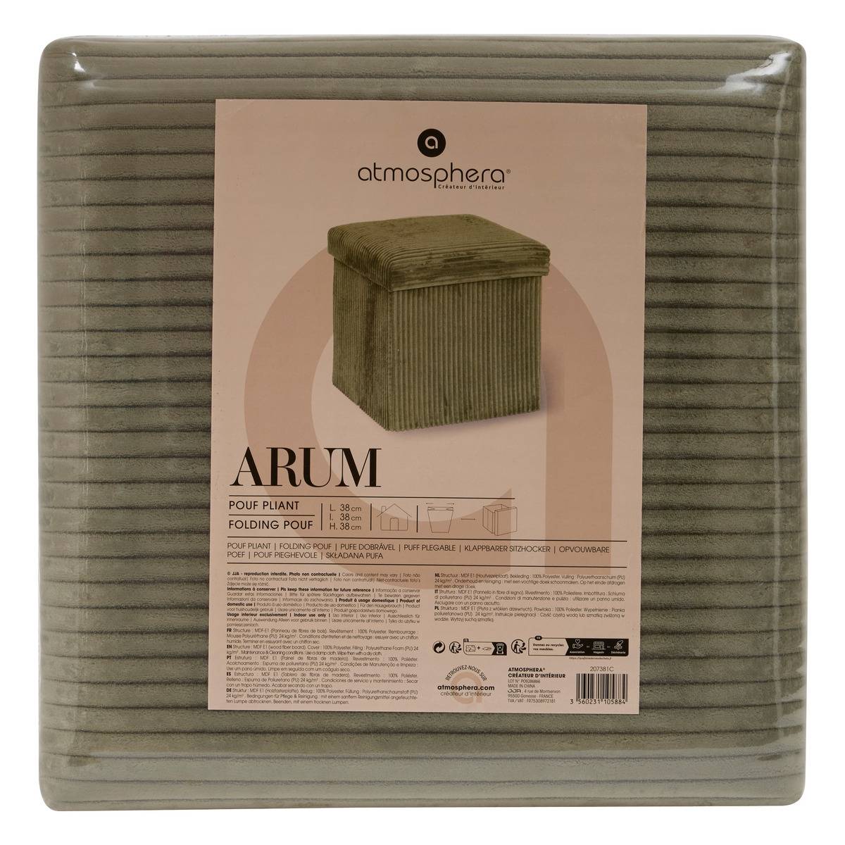 Pouf pliant coffre de rangement en velours côtelé ARUM vert kaki, ATMOSPHERA