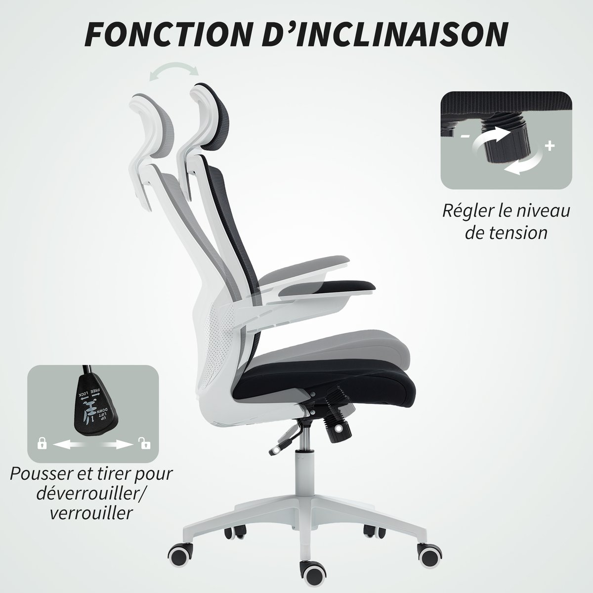 Chaise de bureau Polyester Noir noir et blanc, HOMCOM