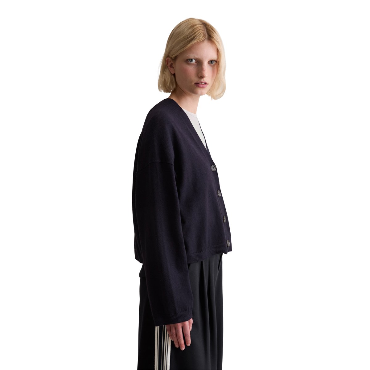 Cardigan col V relaxed en Soft Cotton Stretch bleu foncé, MARC O’POLO DENIM