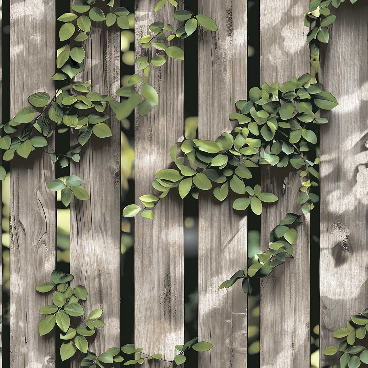 Papier peint clôture bois naturel avec feuillage grimpant gris, HEXOA