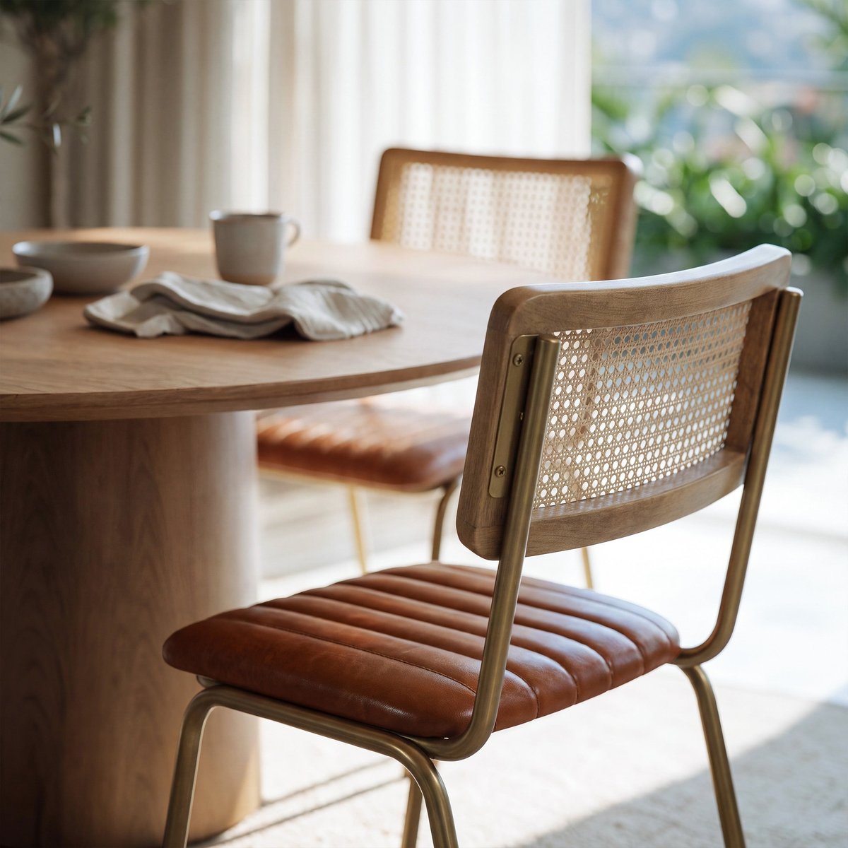 Lot de 2 chaises en cuir et cannage - ARSÈNE marron et métal doré, MAISON PAVANE