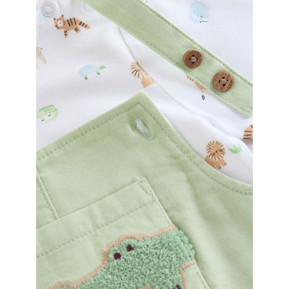 Ensemble salopette et body en sergé bébé animaux du safari vert, NEXT