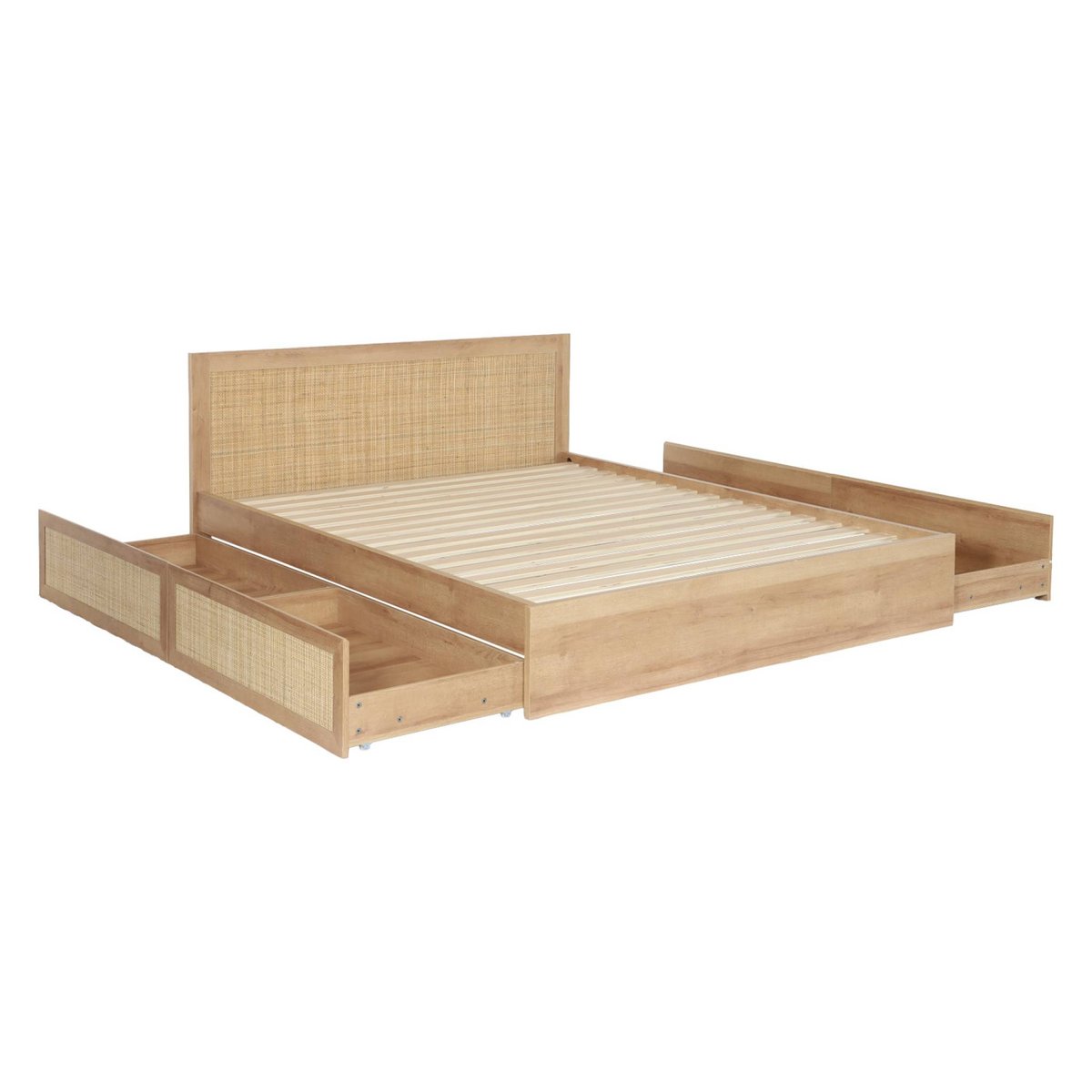 Lit bohème avec sommier à lattes et tête de lit 160 x 200cm + 4 tiroirs décor bois et cannage BOHÈME naturel, SWEEEK