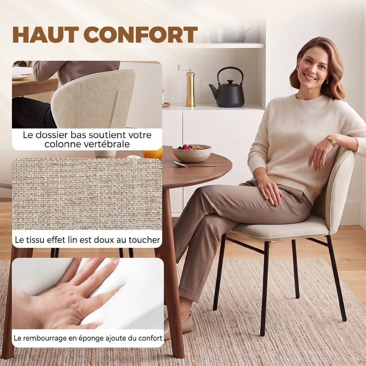 Chaise de salle à manger Tissu aspect lin crème, HOMCOM