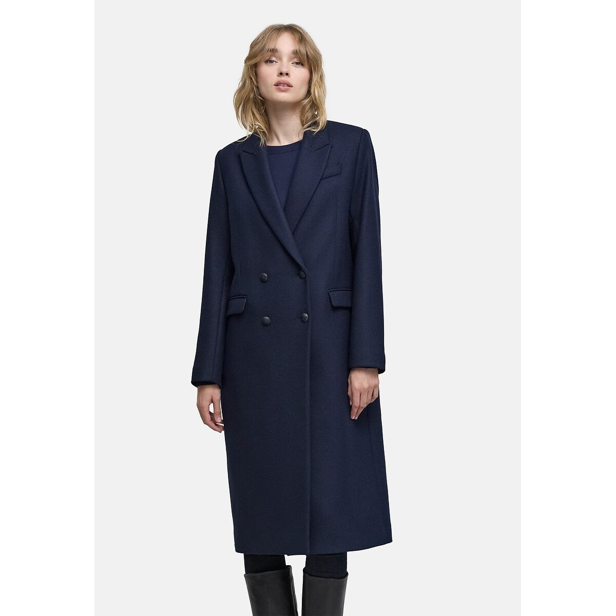 Wool Mix Long Coat with Buttons navy blue, IKKS