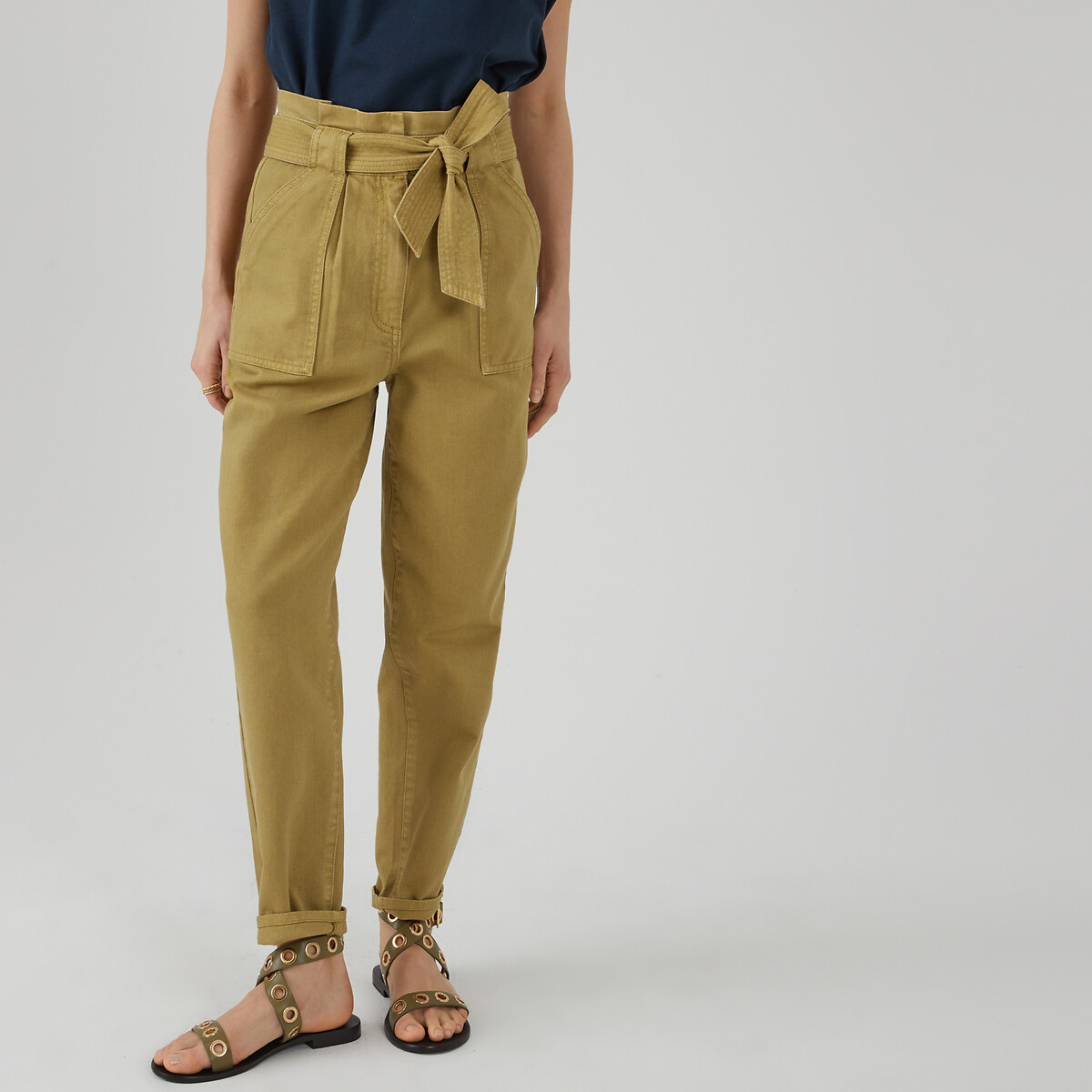 Leather Eyelet Sandals with Ankle Strap khaki, LA REDOUTE COLLECTIONS