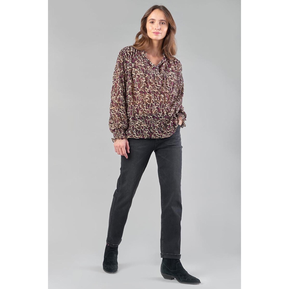 Blouse col montant, manches longues marron/rouge, LE TEMPS DES CERISES