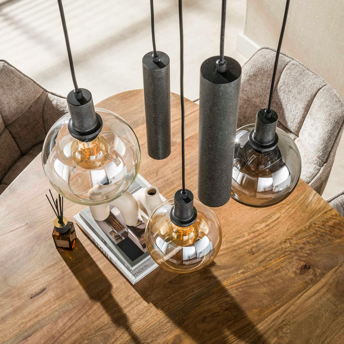 Suspension grande hauteur verre tricolore métal 5 lampes NOVA chrome, PIER IMPORT
