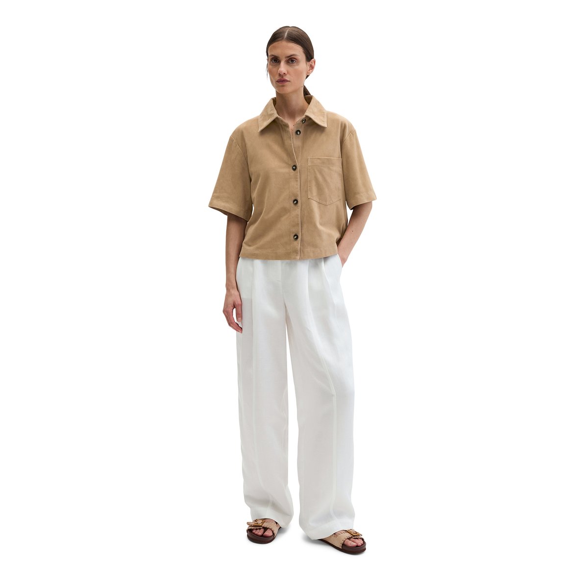 Chemise en cuir regular en cuir velours de chèvre souple beige, MARC O'POLO