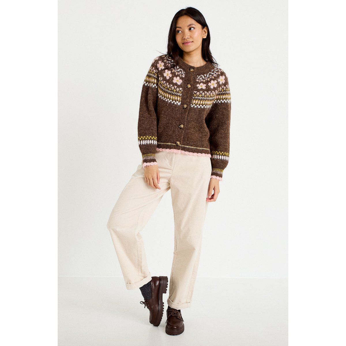 Gilet ample col rond manches longues marron foncé, CACHE CACHE