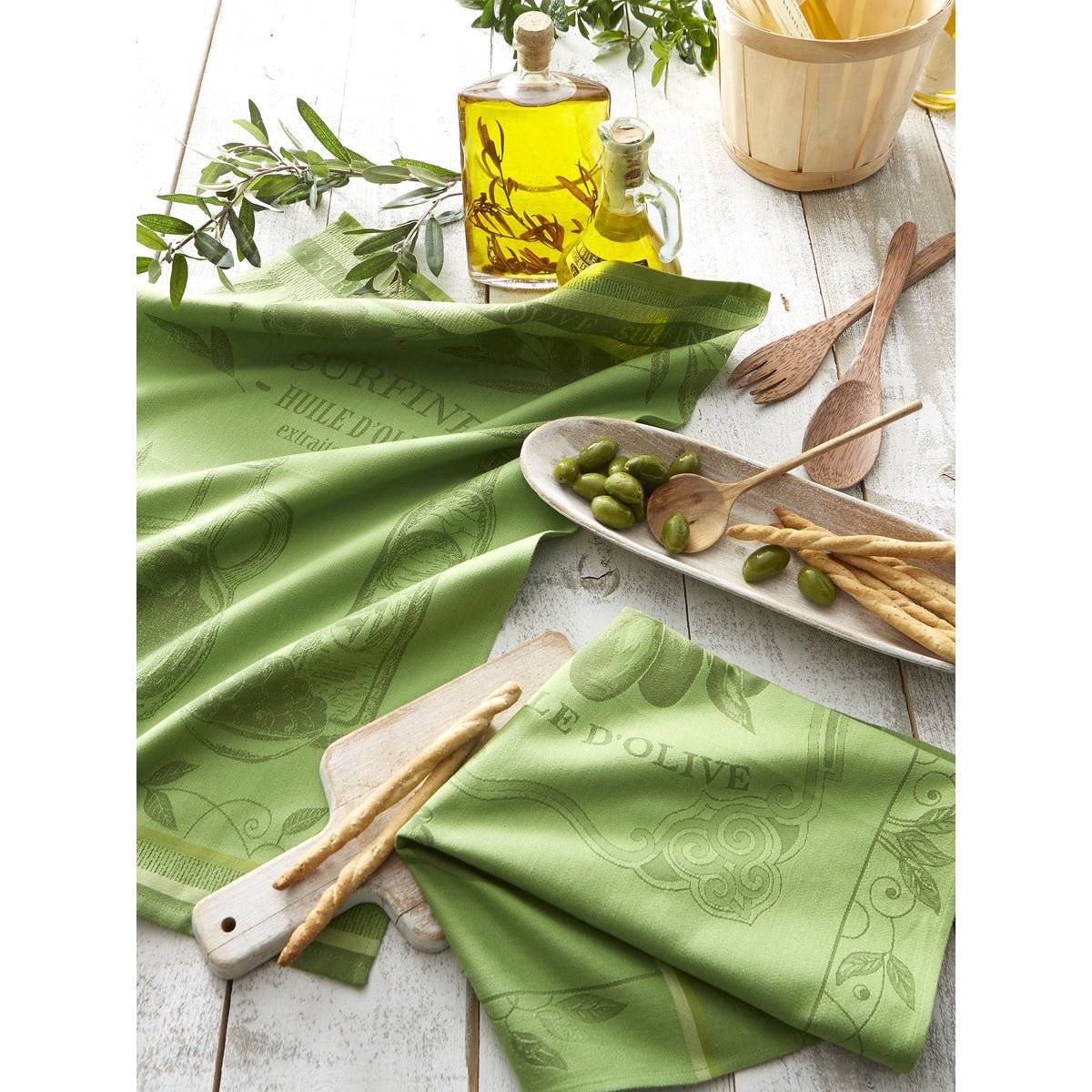 Torchon jacquard en coton HUILE SURFINE vert olive, COUCKE