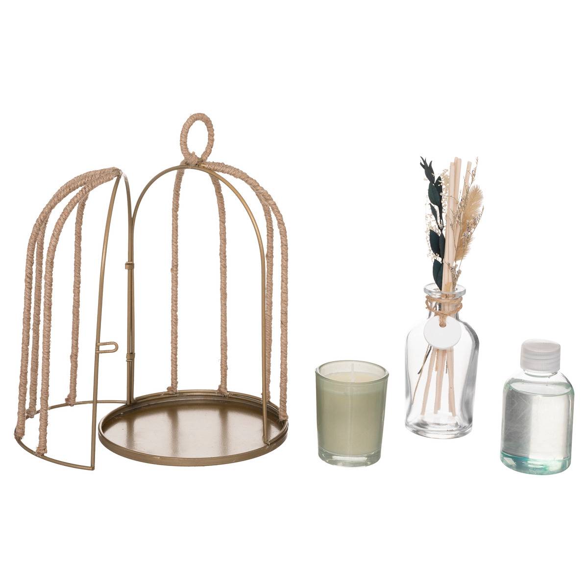 Coffret cadeau cage métal bougie diffuseur huiles essentielles PAOLA vert, ATMOSPHERA