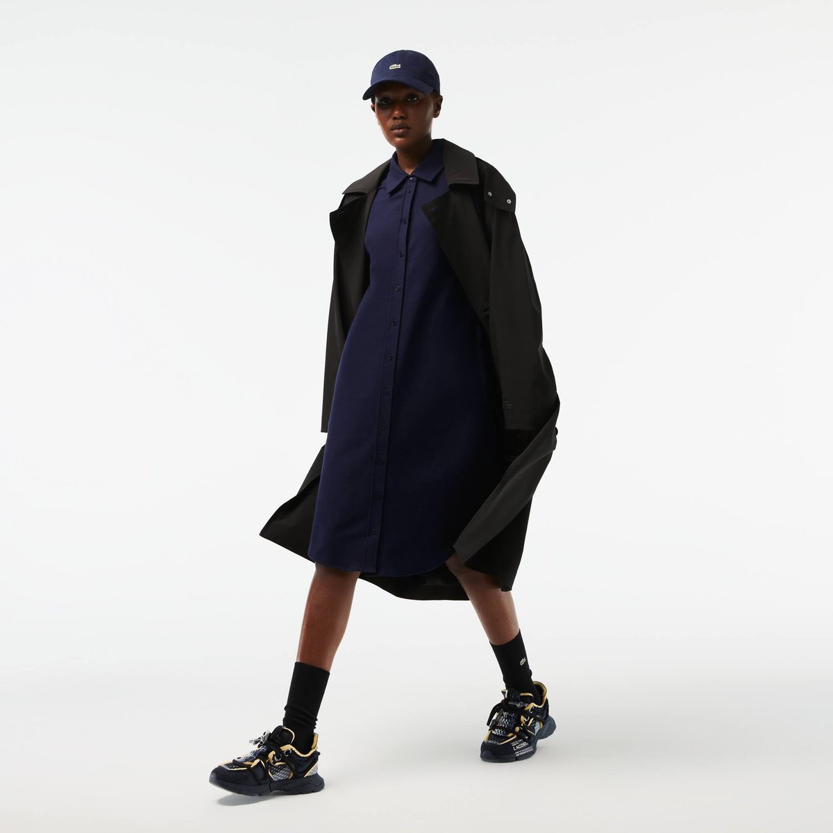 Robe polo avec taille ajustable en piqué de coton bleu-166, LACOSTE